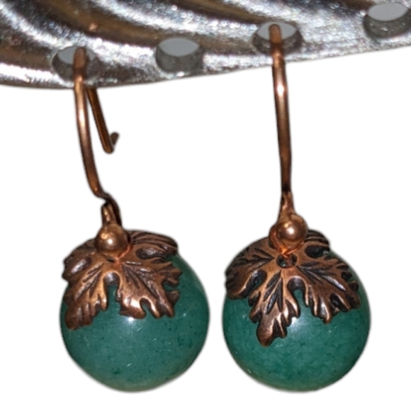 Handmade Round Green Aventurine Gemstone Copper Leaf Dangle Earrings - Picture 3 of 4